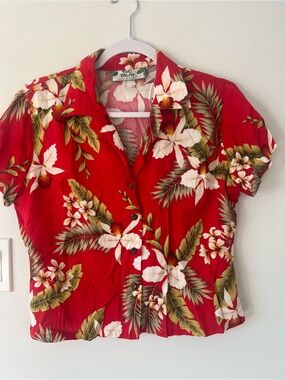 Two Palms 100  % Linen Red Hawaiian Floral Button-Up Blouse Women’s  Small S